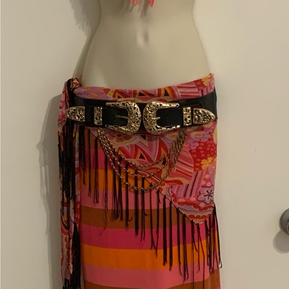Striped Pink, Orange & Brown cotton Knit Pencil column maxi Skirt L